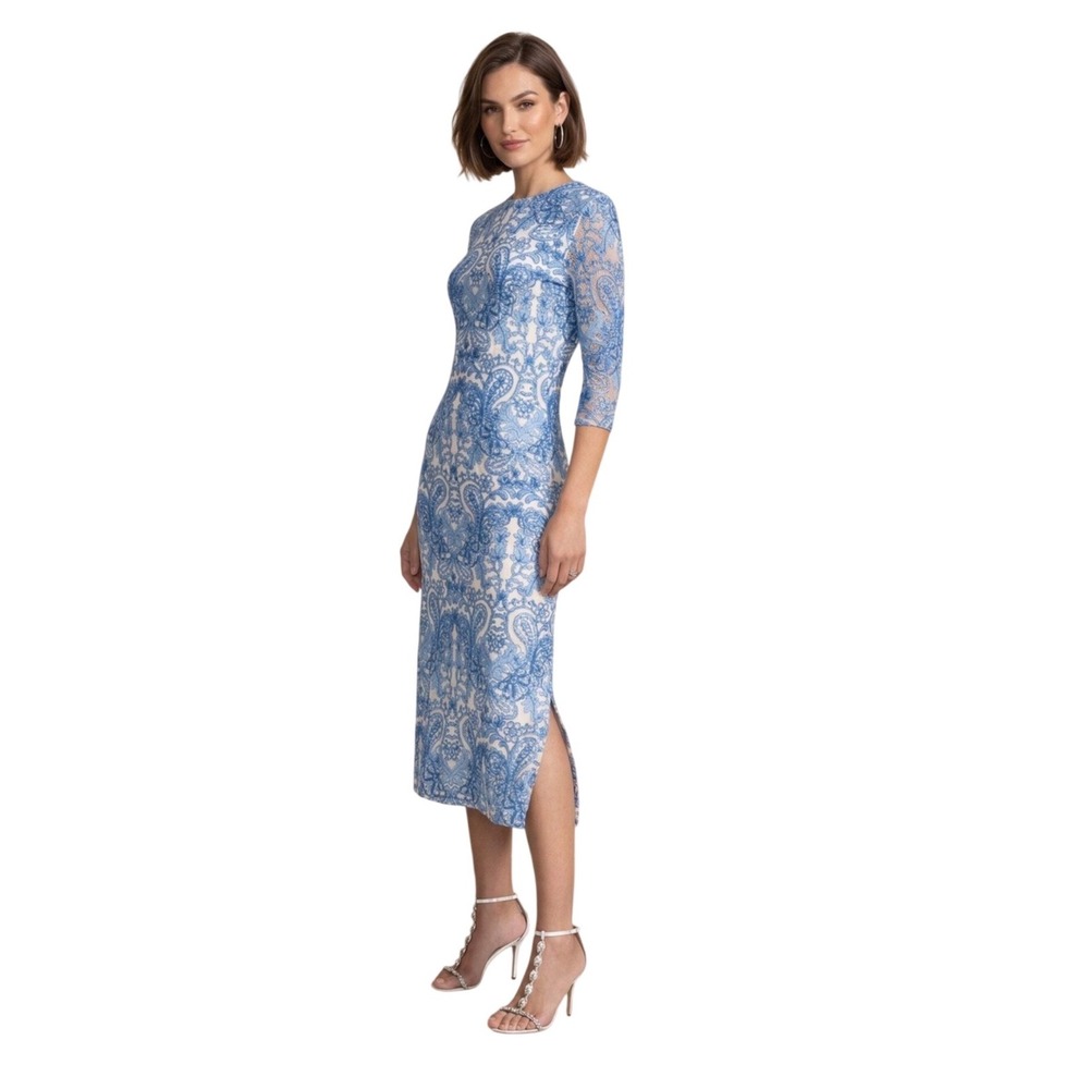 Johnny Was Jade Wynifred Mesh Midi Dress Blue White Paisley Lace XS Like New